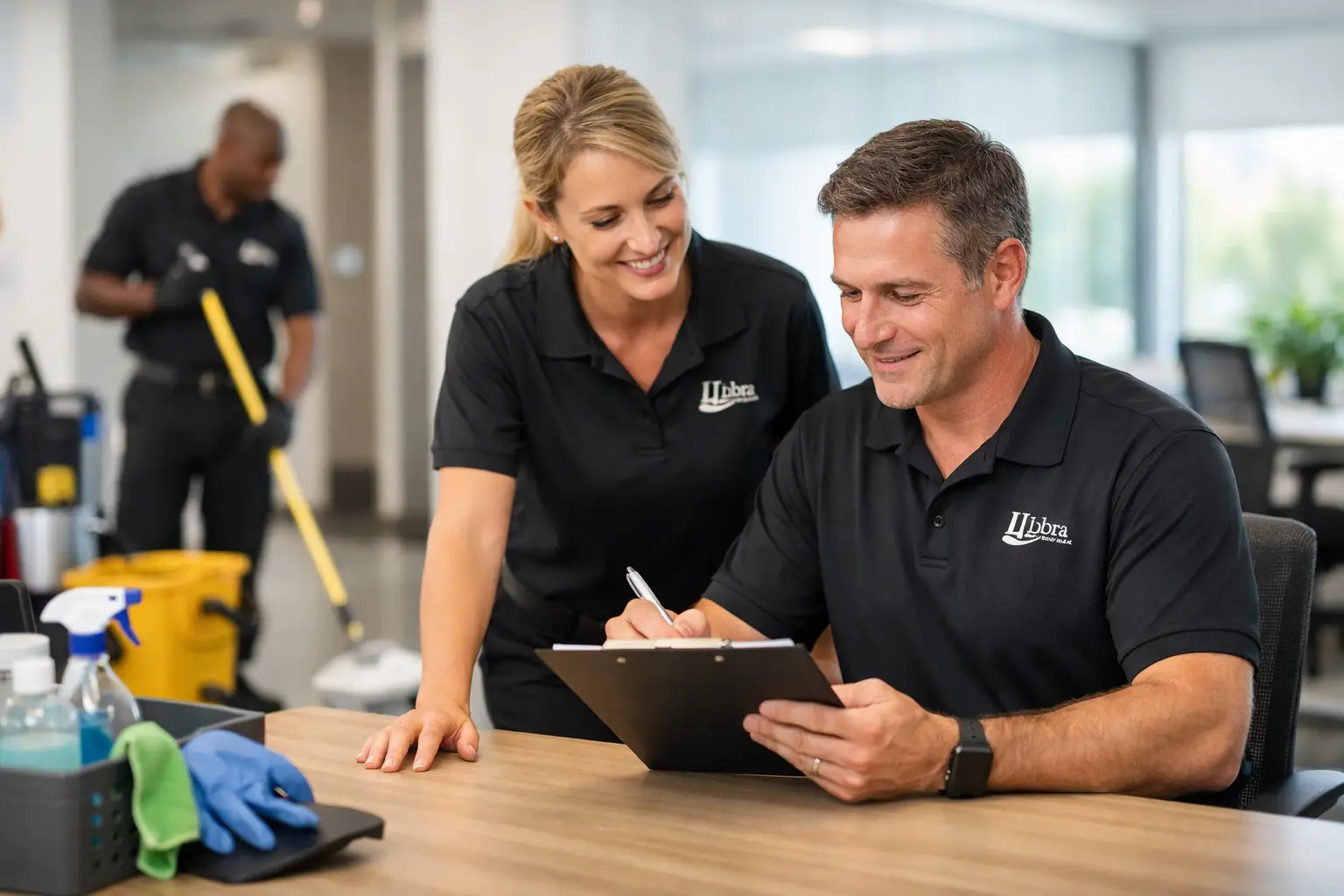 Two Libra team members reviewing a cleaning checklist